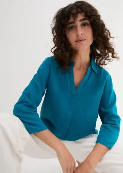 Blouse en lin mélangé, manches 3/4
