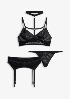 Brassière, string, porte-jarretelles wetlook (ens. 3 pces)