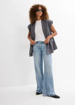 Jean droit et ample, taille mi-haute, peu extensible