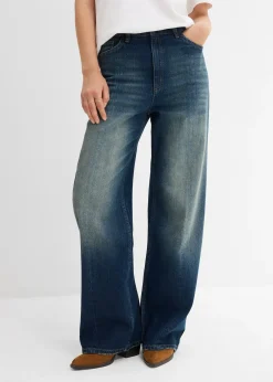 Jean droit et loose, taille haute, peu extensible