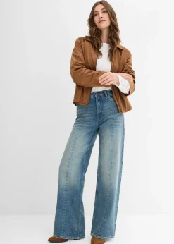 Jean droit et loose, taille haute, peu extensible