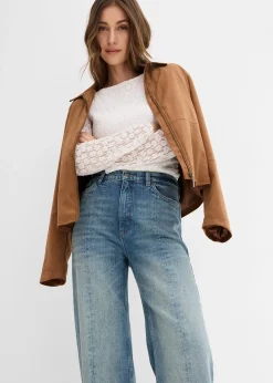 Jean droit et loose, taille haute, peu extensible