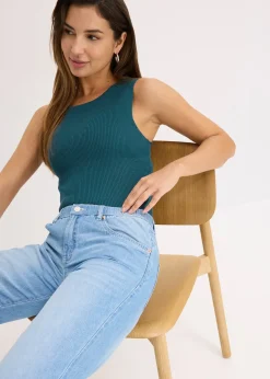 Jean droit taille mi-haute et élastiquée, raccourci