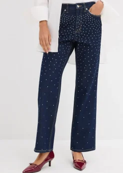 Jean droit, taille mi-haute, à strass