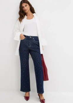 Jean droit, taille mi-haute, à strass