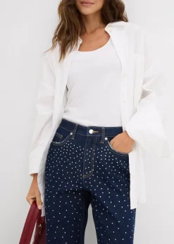 Jean droit, taille mi-haute, à strass
