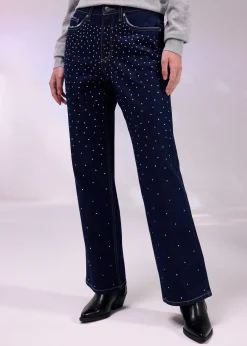 Jean droit, taille mi-haute, à strass