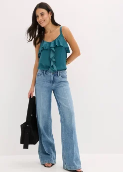 Jean large taille mi-haute, longueur sol, peu extensible