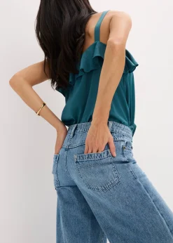 Jean large taille mi-haute, longueur sol, peu extensible