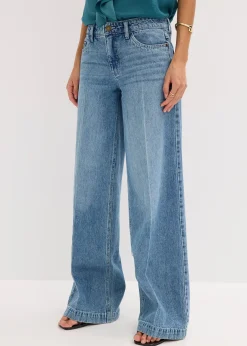 Jean large taille mi-haute, longueur sol, peu extensible