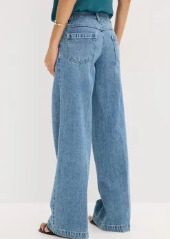 Jean large taille mi-haute, longueur sol, peu extensible