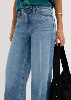Jean large taille mi-haute, longueur sol, peu extensible