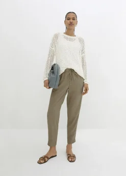 Pantalon en lin majoritaire avec empiècement de dentelle sur le côté, longueur cheville