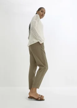 Pantalon en lin majoritaire avec empiècement de dentelle sur le côté, longueur cheville