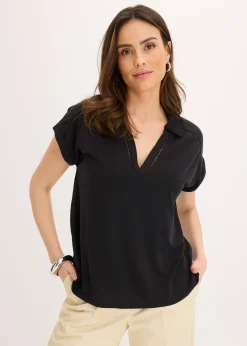 Polo en maille piquée de viscose avec empiècement en dentelle