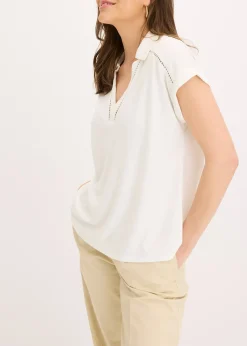 Polo en maille piquée de viscose avec empiècement en dentelle
