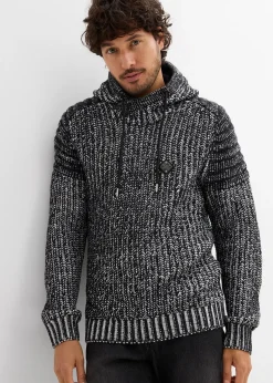 Pull en grosse maille à capuche et détails motard