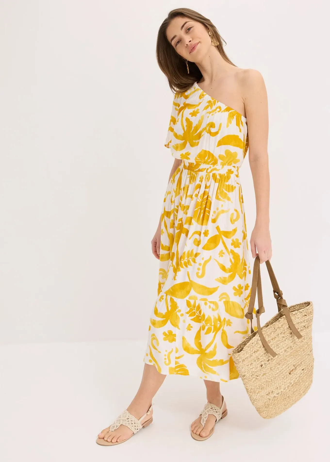 Robe asymétrique imprimée en viscose texturée