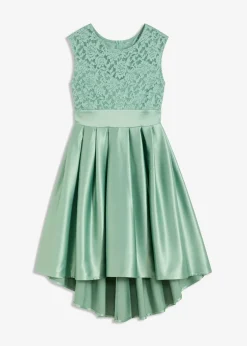 Robe courte devant, longue derrière en satin brillant avec dentelle