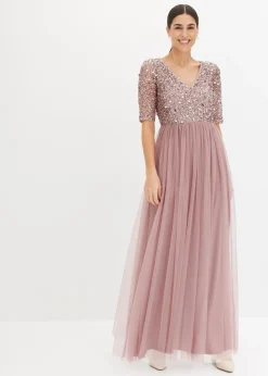 Robe de soirée en tulle avec haut brodé de sequins