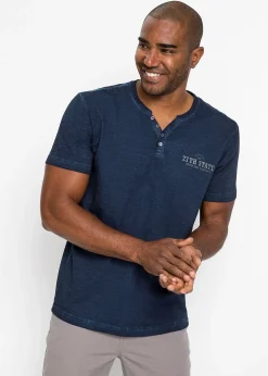 T-shirt col tunisien, aspect délavé, 100% coton