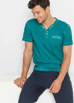 T-shirt col tunisien, aspect délavé, 100% coton