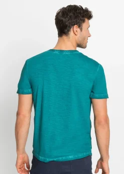 T-shirt col tunisien, aspect délavé, 100% coton