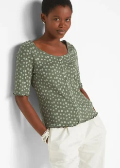 T-shirt côtelé à imprimé floral, manches coude