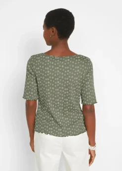 T-shirt côtelé à imprimé floral, manches coude