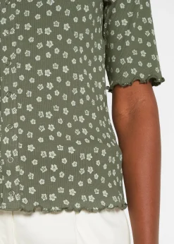 T-shirt côtelé à imprimé floral, manches coude