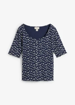 T-shirt côtelé à imprimé floral, manches coude