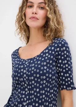 T-shirt côtelé à imprimé floral, manches coude