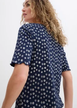 T-shirt côtelé à imprimé floral, manches coude