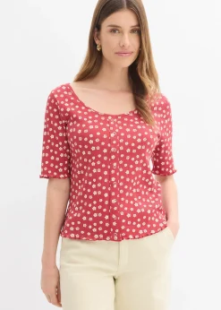 T-shirt côtelé à imprimé floral, manches coude