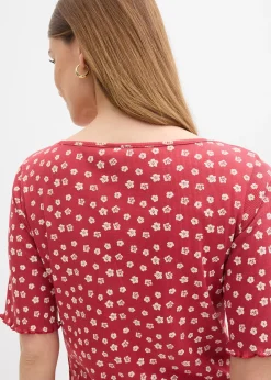 T-shirt côtelé à imprimé floral, manches coude