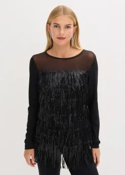 T-shirt manches longues à franges et sequins