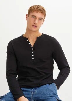 T-shirt manches longues col tunisien 100% coton, slim