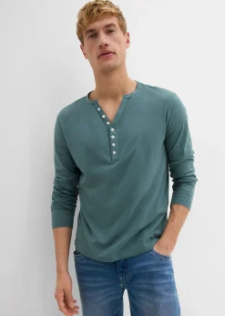 T-shirt manches longues col tunisien 100% coton, slim