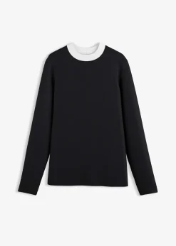 T-shirt manches longues en viscose mélangée, col cheminée contrastant