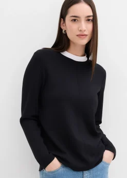 T-shirt manches longues en viscose mélangée, col cheminée contrastant