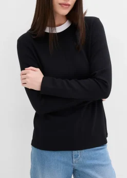 T-shirt manches longues en viscose mélangée, col cheminée contrastant