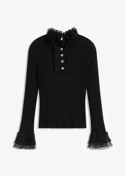 T-shirt manches longues en fine maille avec volants en mousseline