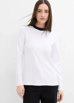T-shirt manches longues en viscose mélangée, col cheminée contrastant